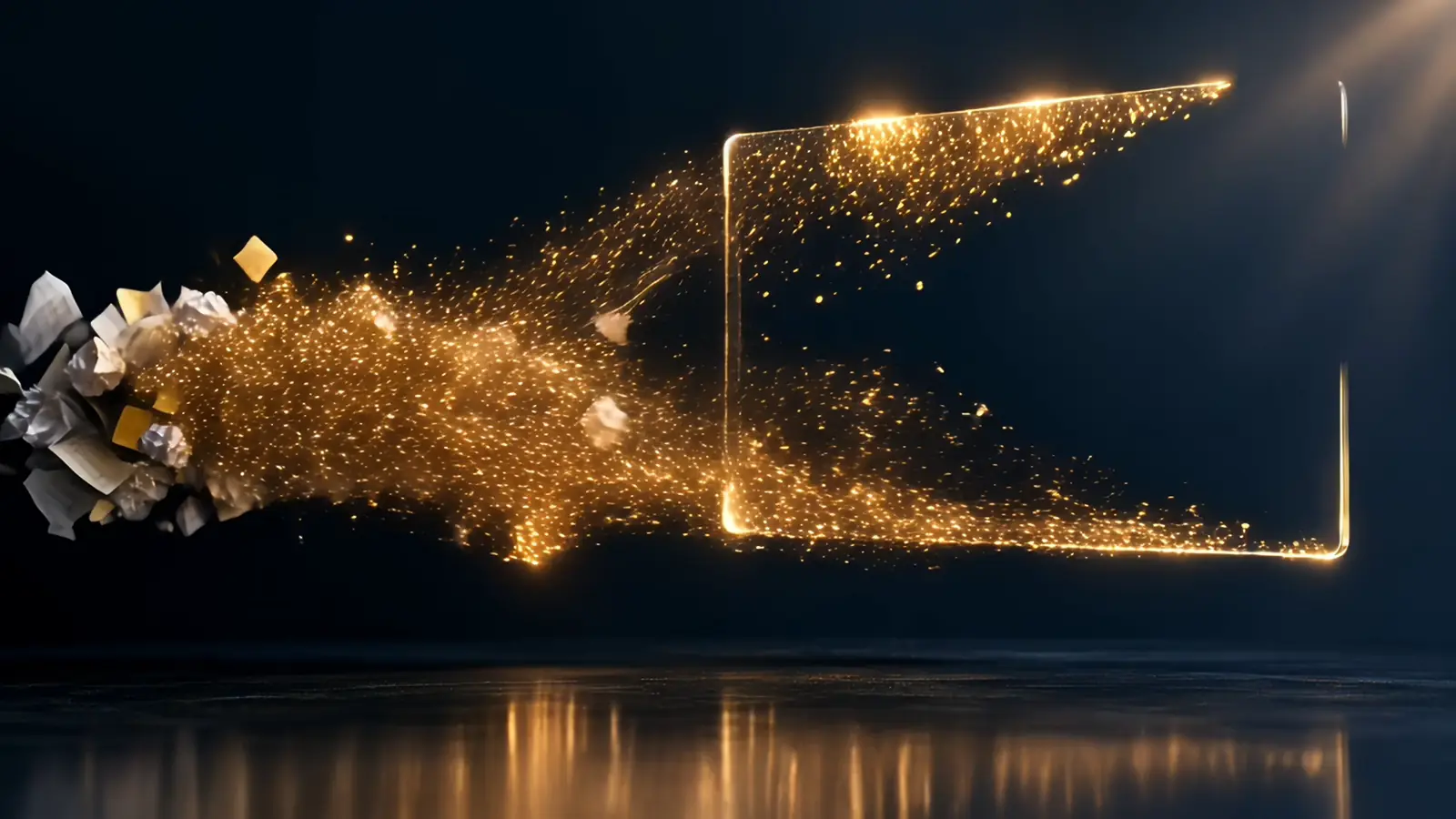Dağınık Excel tabloları ve notların altın ışık parçacıklarına dönüşüp düzenli bir web uygulaması paneline ve telefon ekranına dönüşmesi