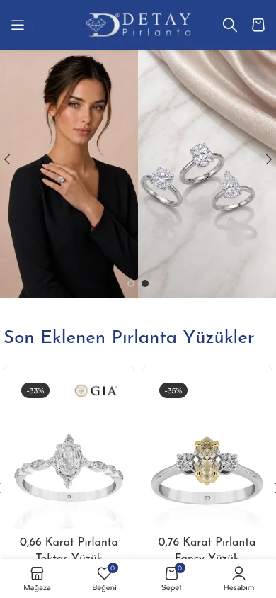 Detay Pırlanta e-ticaret sitesinin mobil görünümü