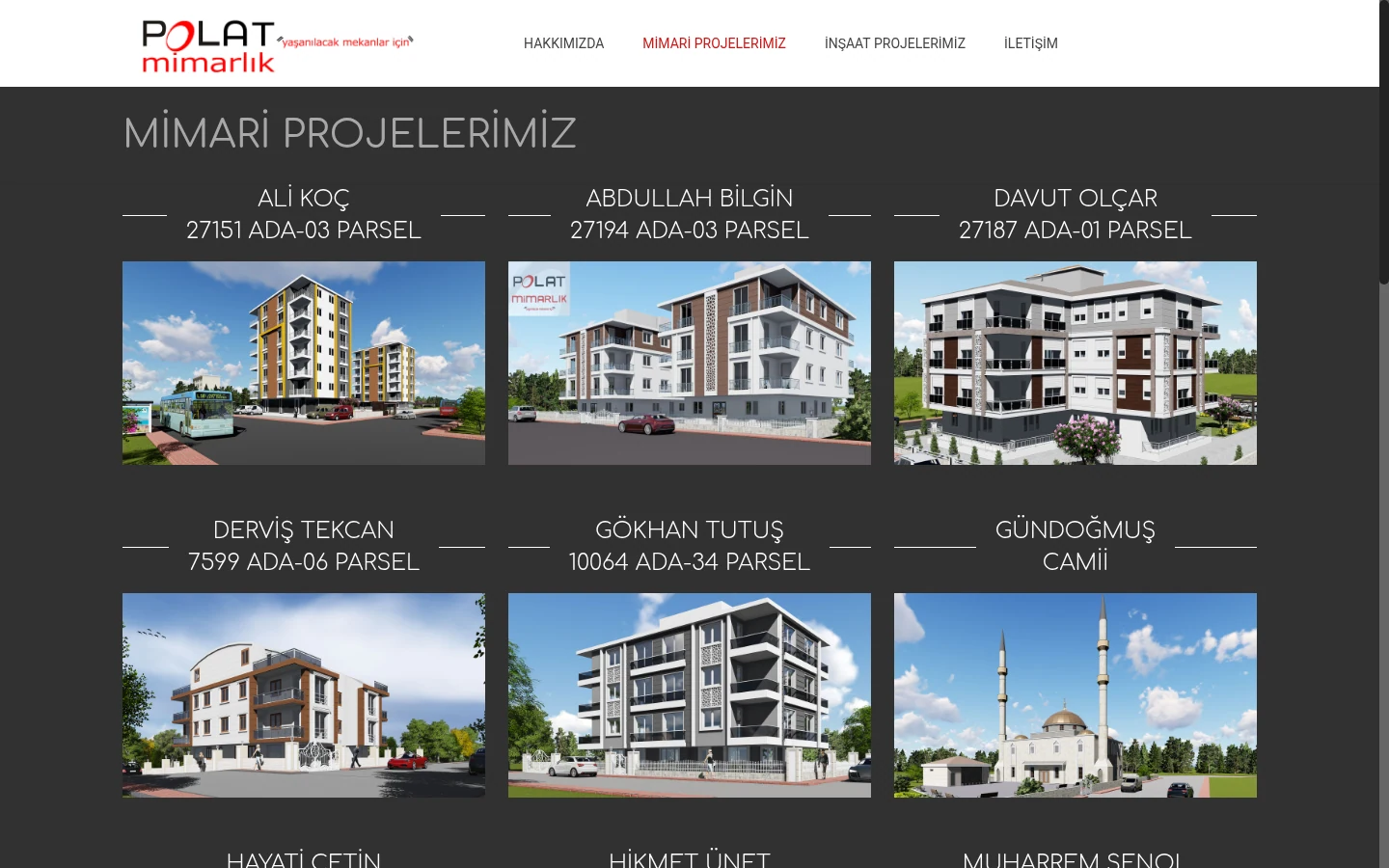 Polat Mimarlık mimari projeler sayfasının masaüstü görünümü