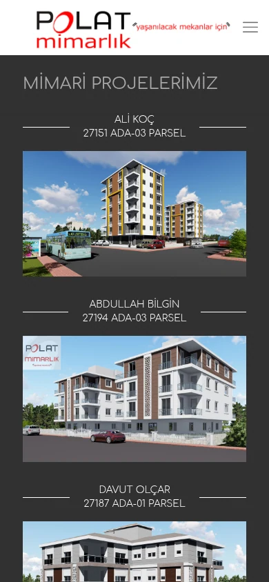 Polat Mimarlık mimari projeler sayfasının mobil görünümü