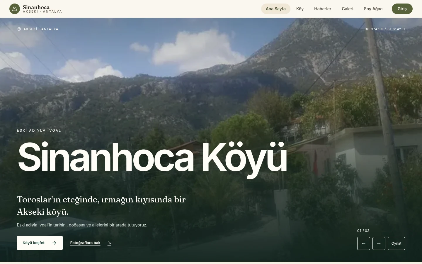 Sinanhoca Köyü sitesinin masaüstü görünümü