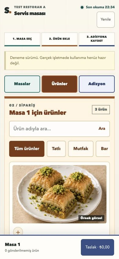 SiparişOS deneme sürümünün mobil ürün menüsü