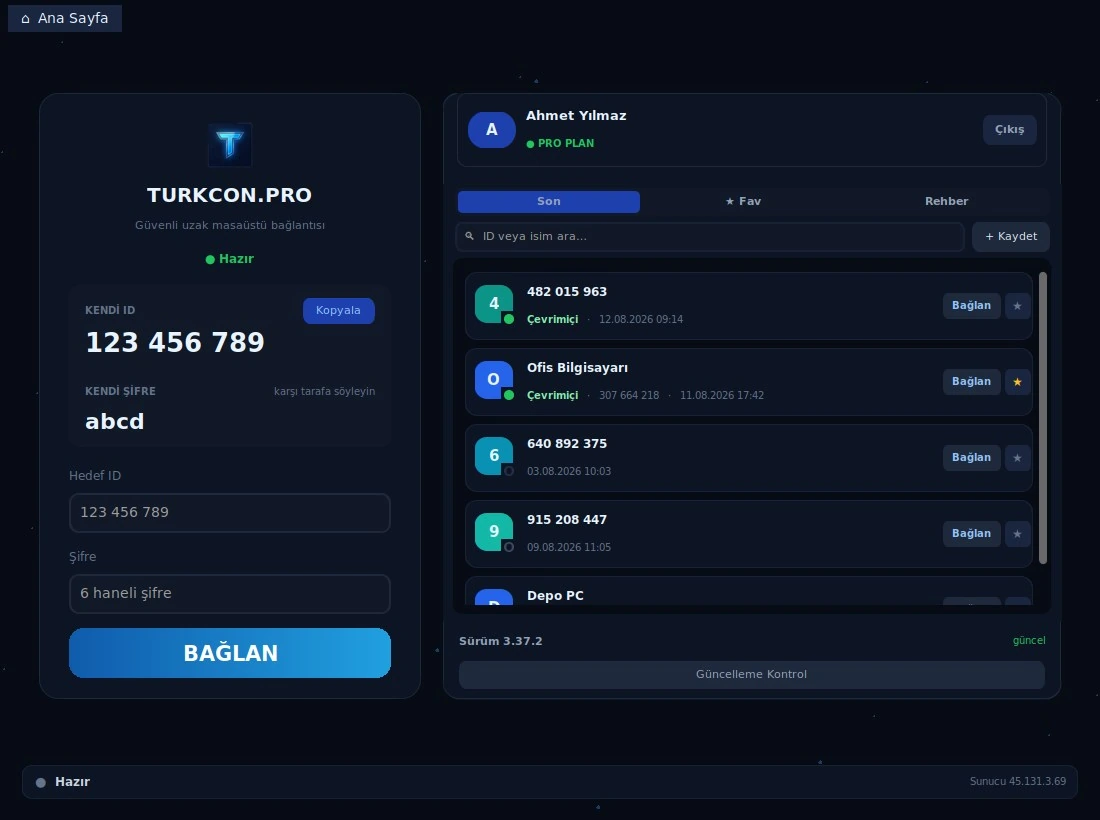 TURKCON.PRO uygulamasının ana ekranı: bağlantı paneli ve bilgisayar rehberi